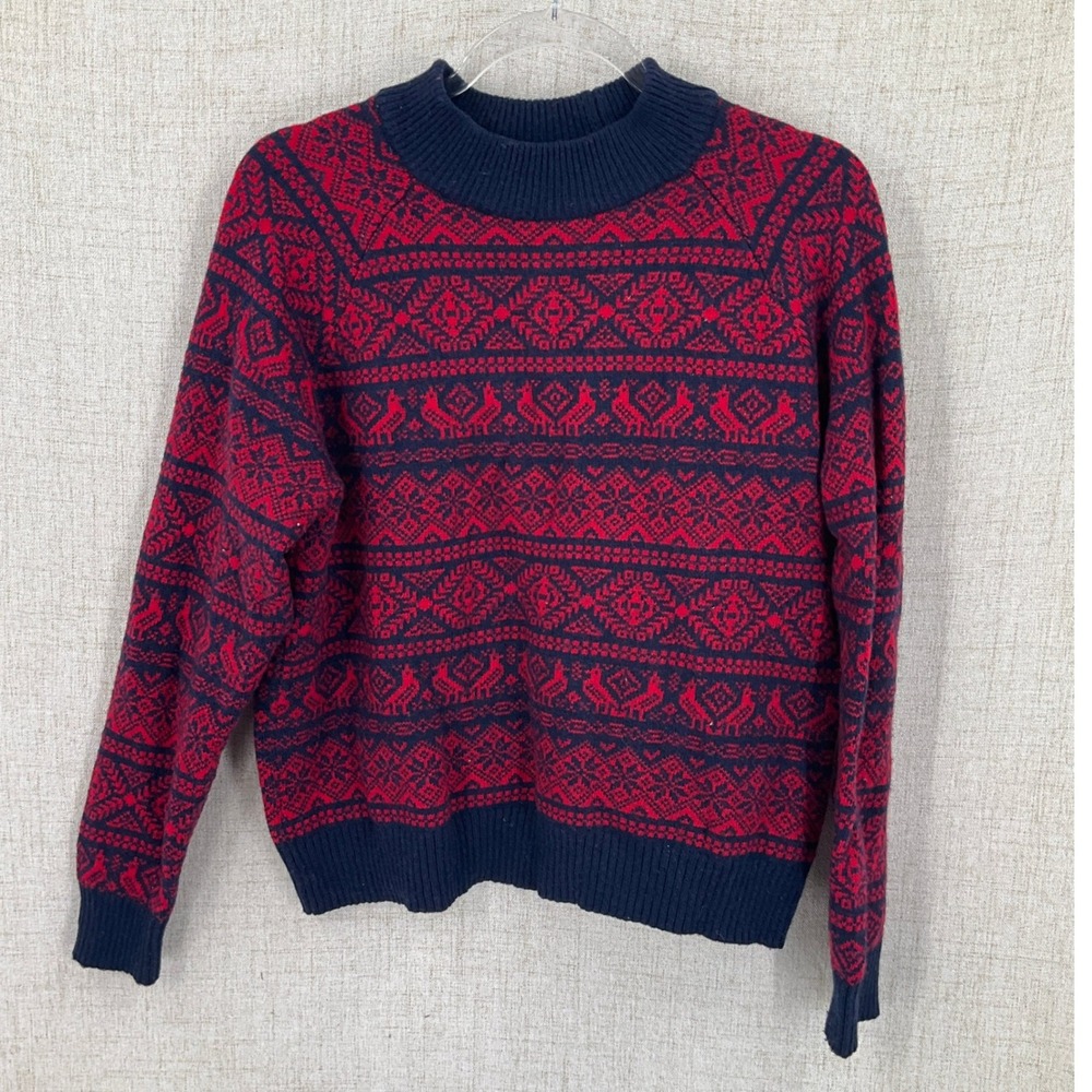 J.Crew‎ Fair Isle Sweater Womens Large Red Navy Blue Lambswool Blend Bird Nordic